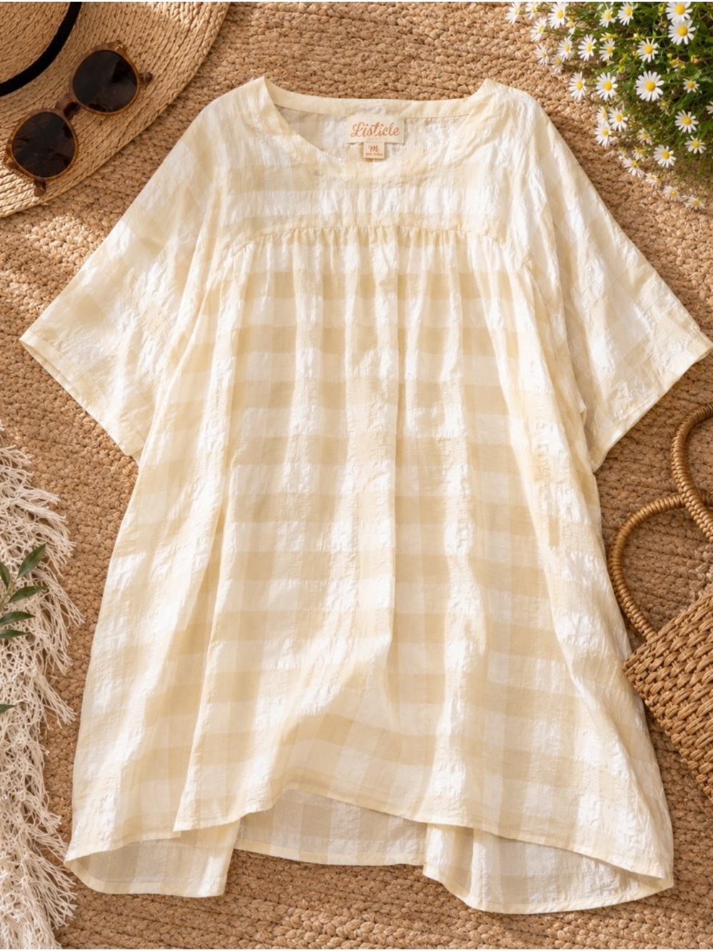 Listicle Cream Gingham Babydoll Dress  Medium Oversized Coastal Cottagecore